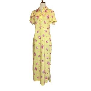 Vintage Y2K Basic Editions Size 10 (M) Yellow Floral Maxi Dress Cottage Retro